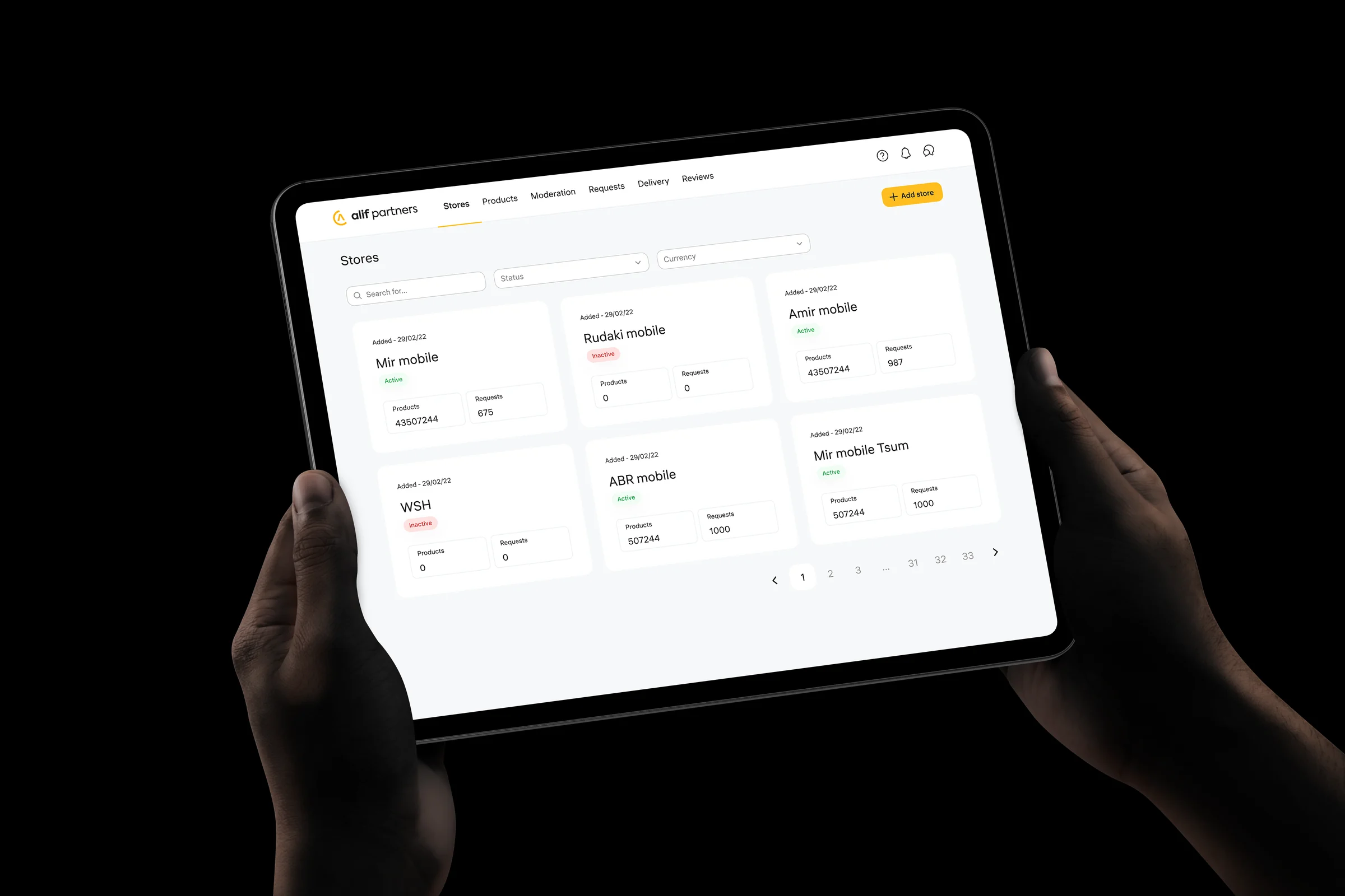 Alif Partners: планшет с админ-панелью Stores для партнёров банка